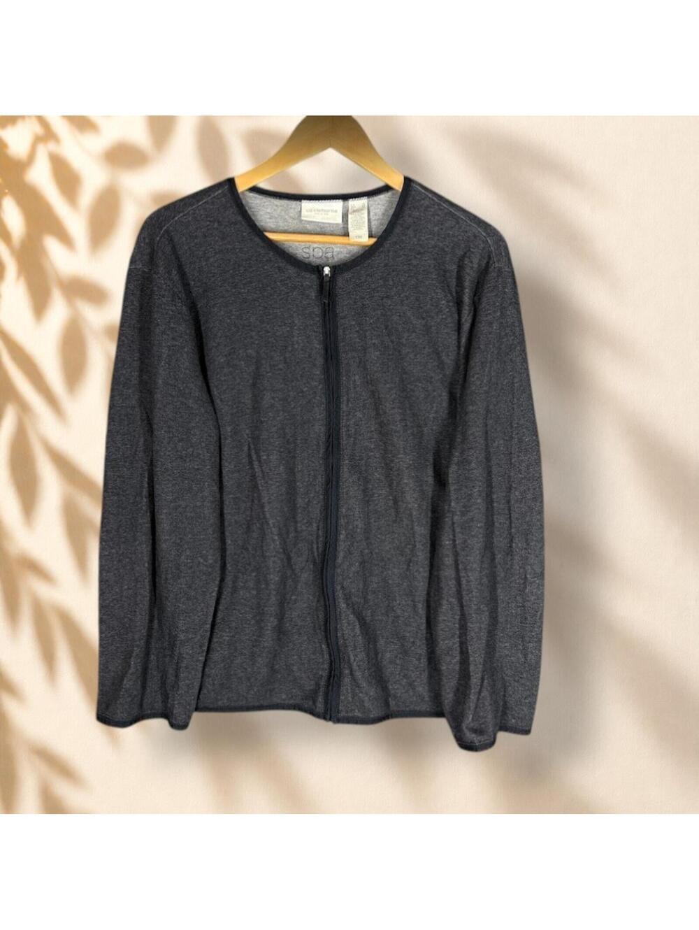 Liz Claiborne Full Zip Sweater Women XL Gray Knit Long Sleeve Round Neck Cotton